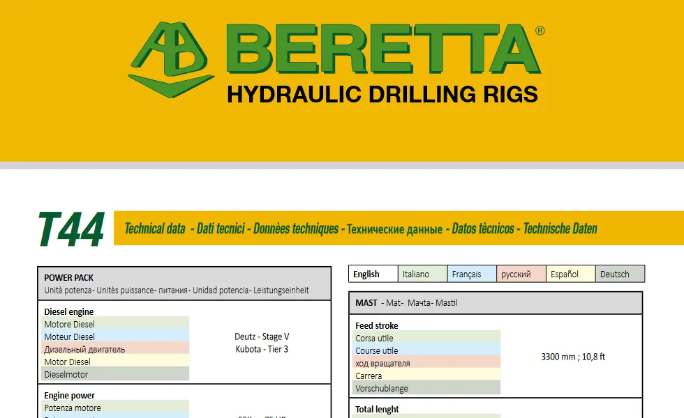 Beretta T44 Drill Rig technical data